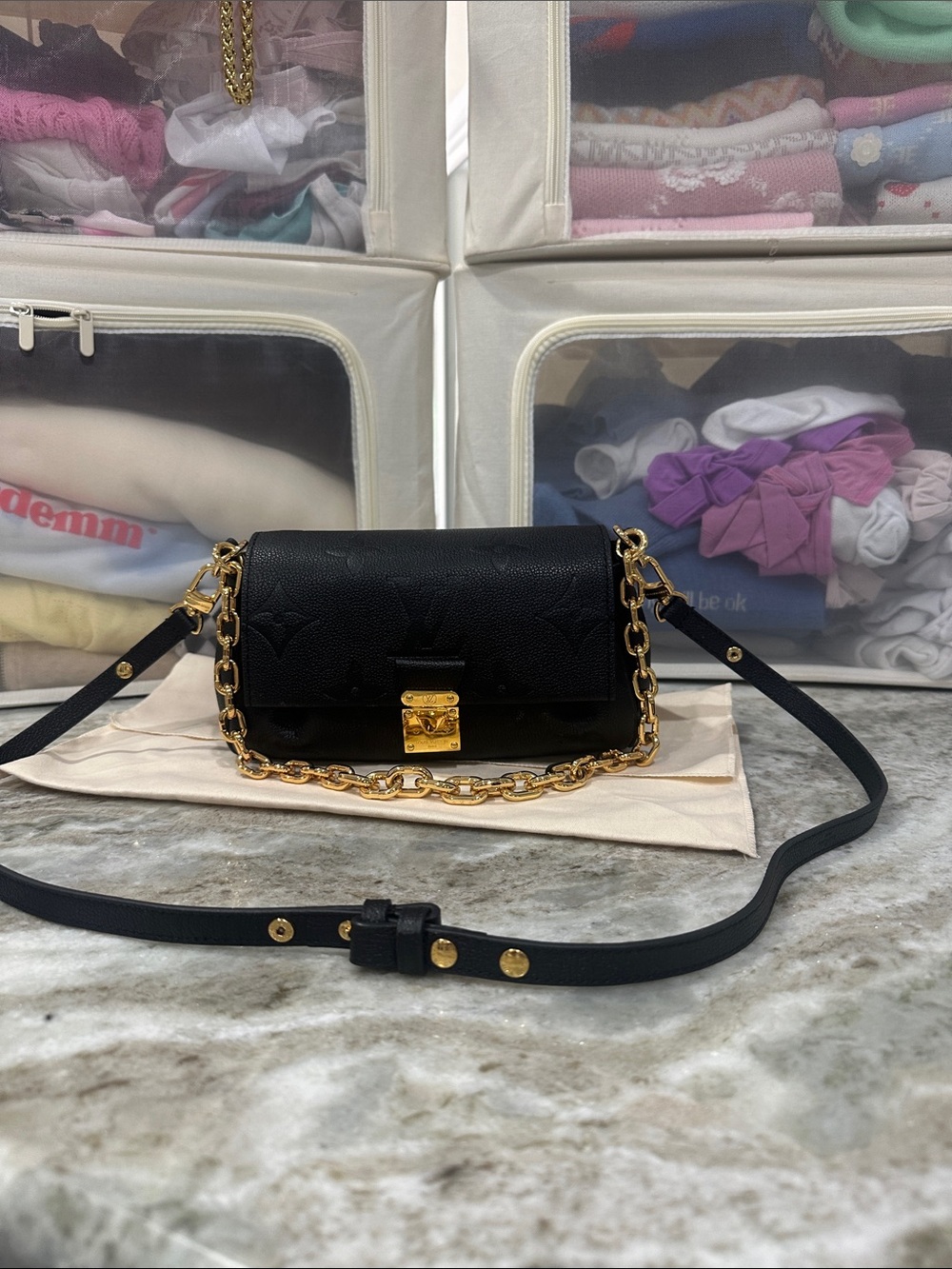Black Leather Crossbody with Gold Chain NO Brand